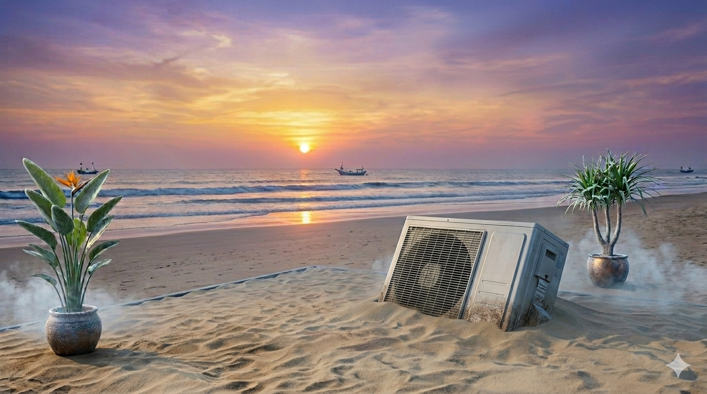 air conditioner replacement parts and filters arranged on a service table