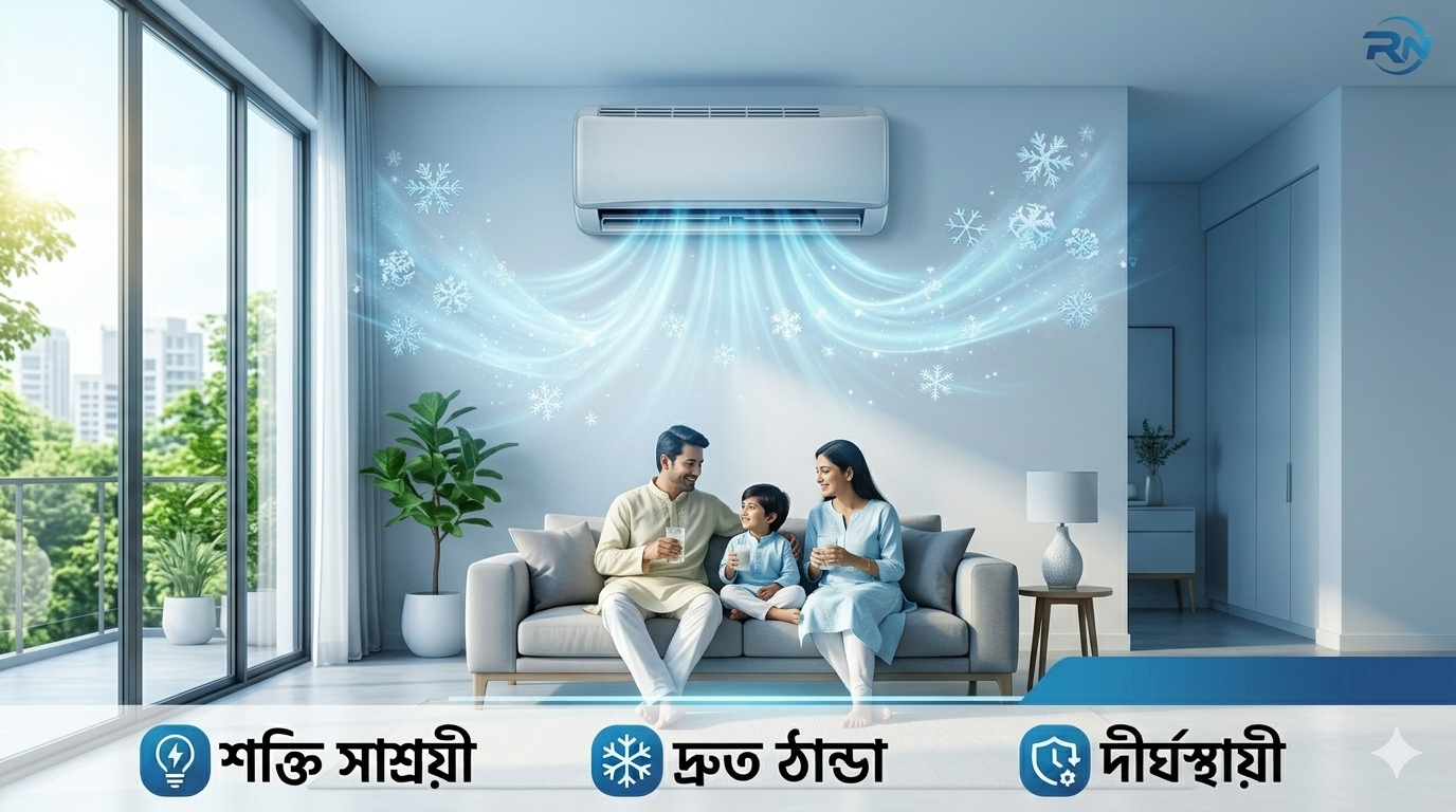 white split air conditioner installed above a sofa in a bright room